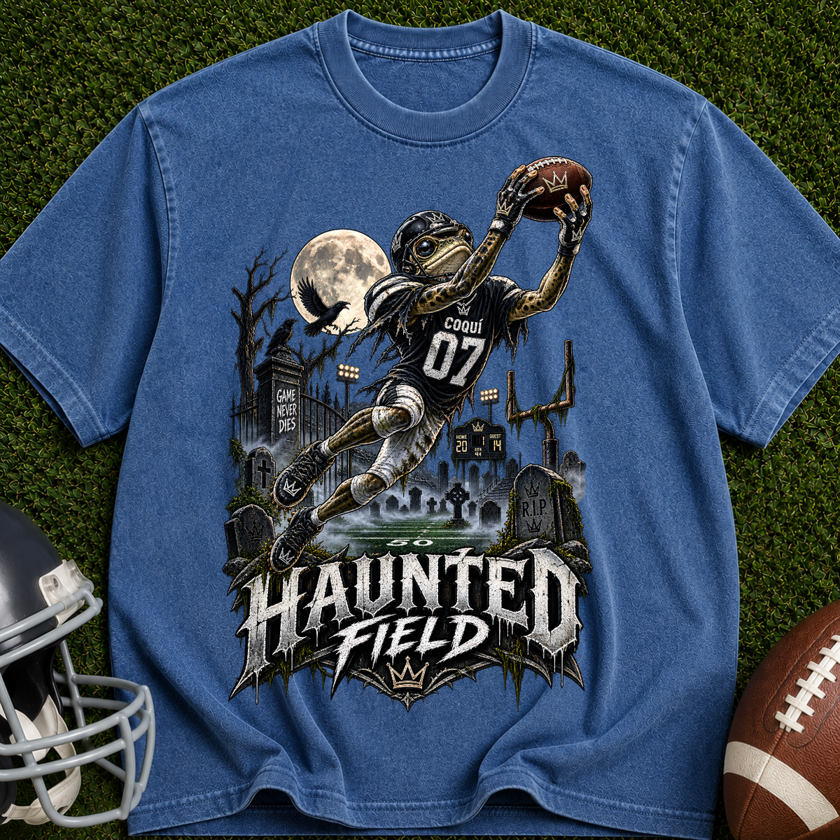 Haunted Field Football T-Shirt – Spooky Halloween Sports Tee