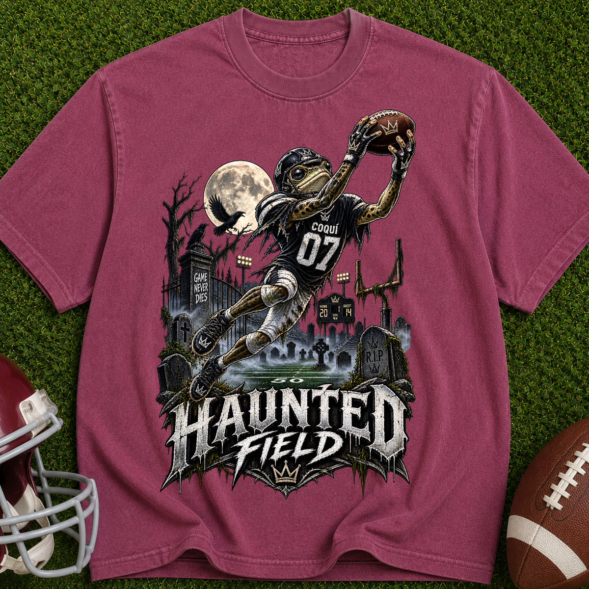 Haunted Field Football T-Shirt – Spooky Halloween Sports Tee