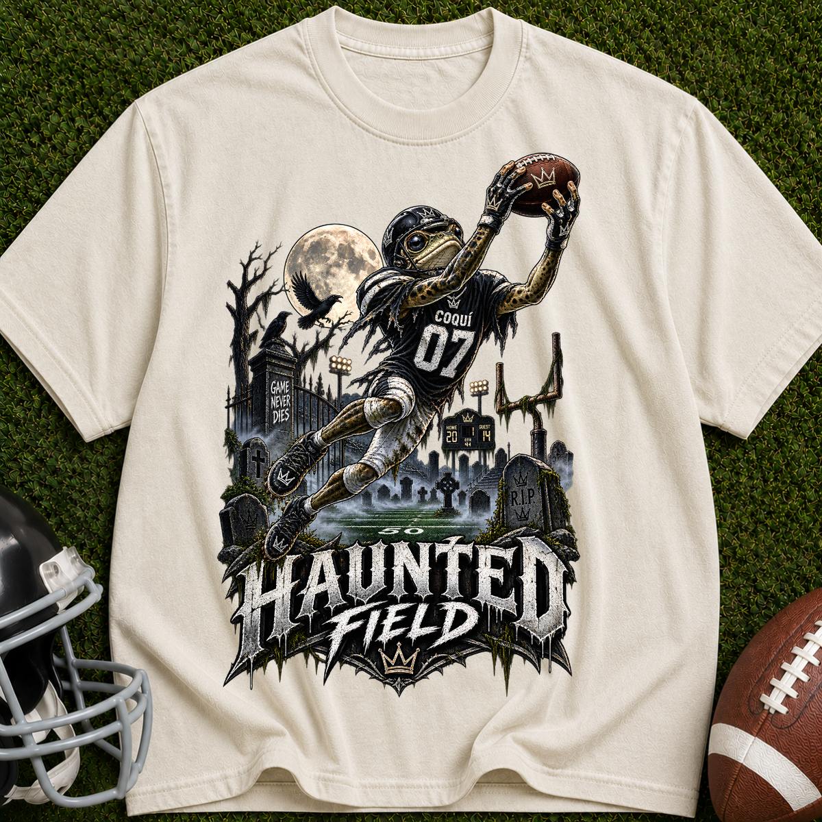 Haunted Field Football T-Shirt – Spooky Halloween Sports Tee