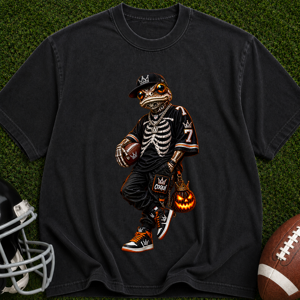 Halloween Skeleton Football Player T-Shirt — Trick-or-Treat Sports Tee