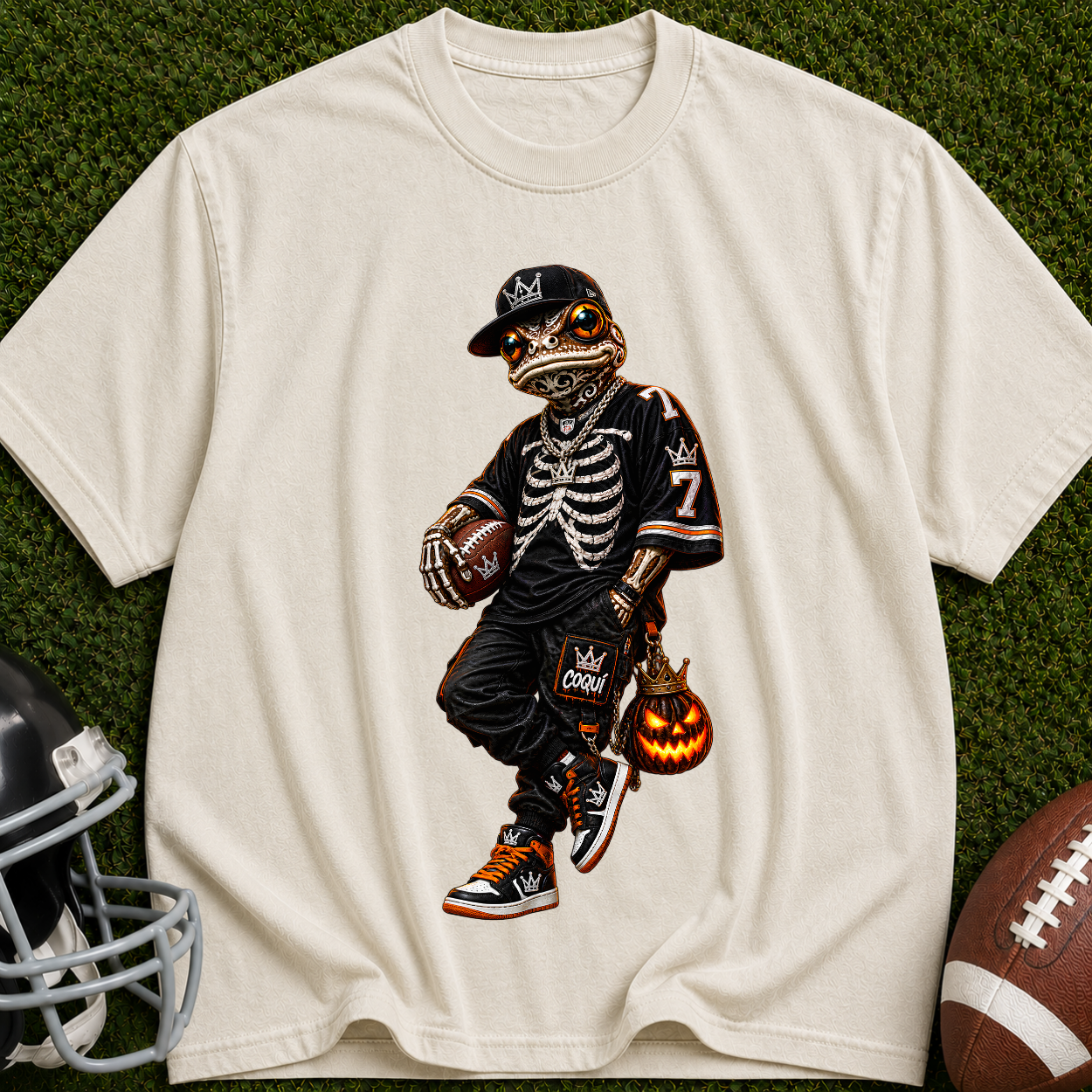 Halloween Skeleton Football Player T-Shirt — Trick-or-Treat Sports Tee