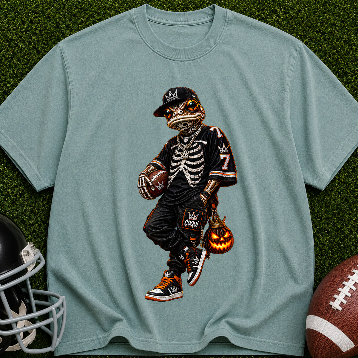 Halloween Skeleton Football Player T-Shirt — Trick-or-Treat Sports Tee