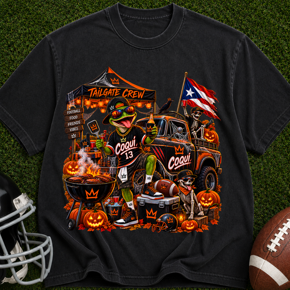 Halloween Tailgate Crew T-Shirt — Puerto Rico Flag Pumpkin Truck Graphic