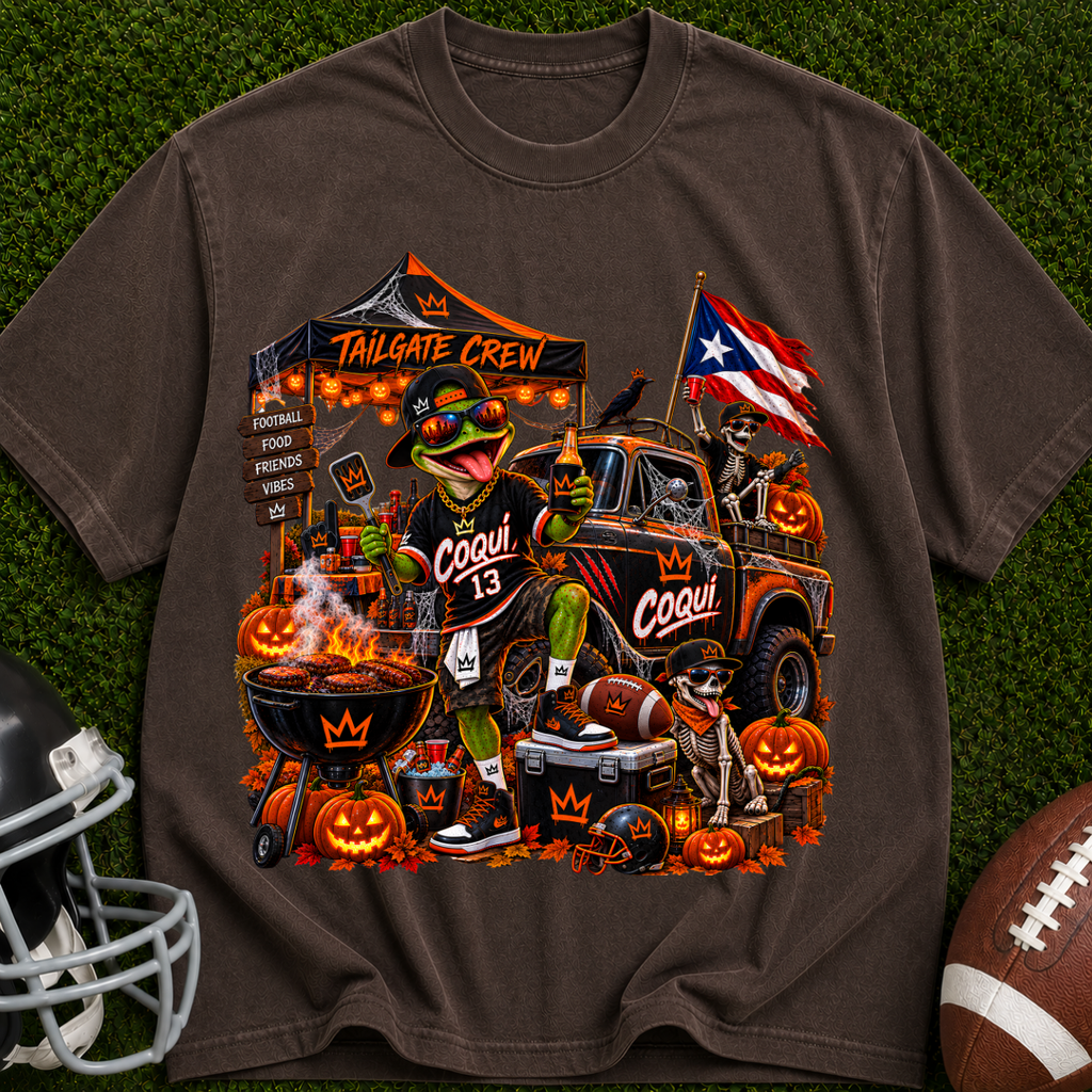 Halloween Tailgate Crew T-Shirt — Puerto Rico Flag Pumpkin Truck Graphic