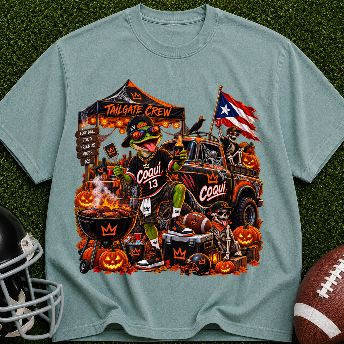 Halloween Tailgate Crew T-Shirt — Puerto Rico Flag Pumpkin Truck Graphic