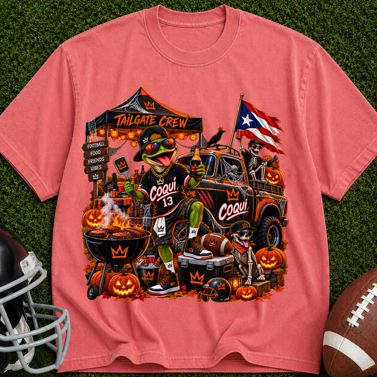 Halloween Tailgate Crew T-Shirt — Puerto Rico Flag Pumpkin Truck Graphic