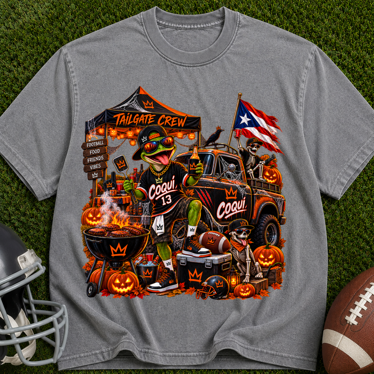 Halloween Tailgate Crew T-Shirt — Puerto Rico Flag Pumpkin Truck Graphic