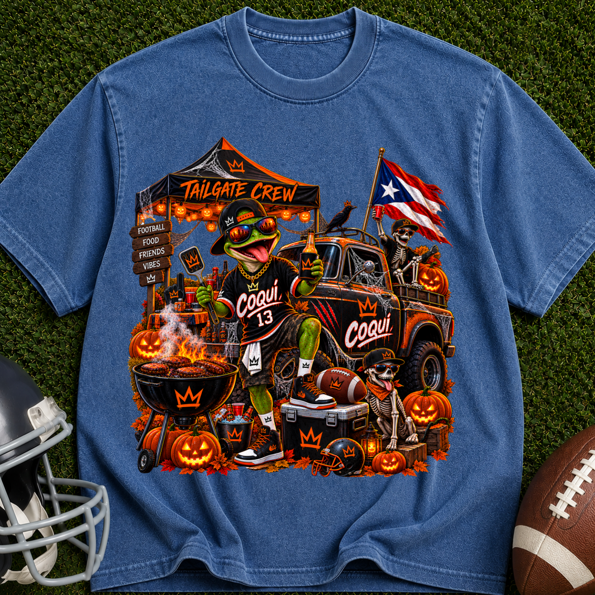 Halloween Tailgate Crew T-Shirt — Puerto Rico Flag Pumpkin Truck Graphic