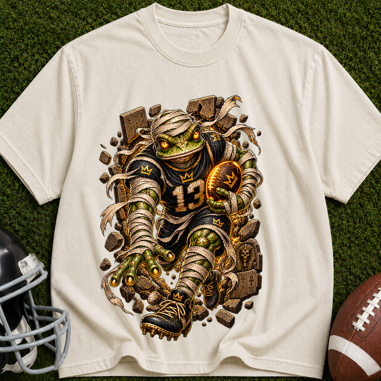 Mummy Football Player T-Shirt — Vintage Horror Sports Graphic Tee