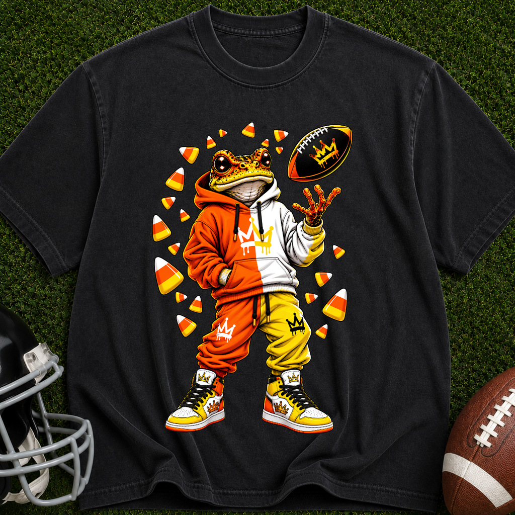 Frog Football Player Graphic T-Shirt — Candy Corn Tailgate Tee