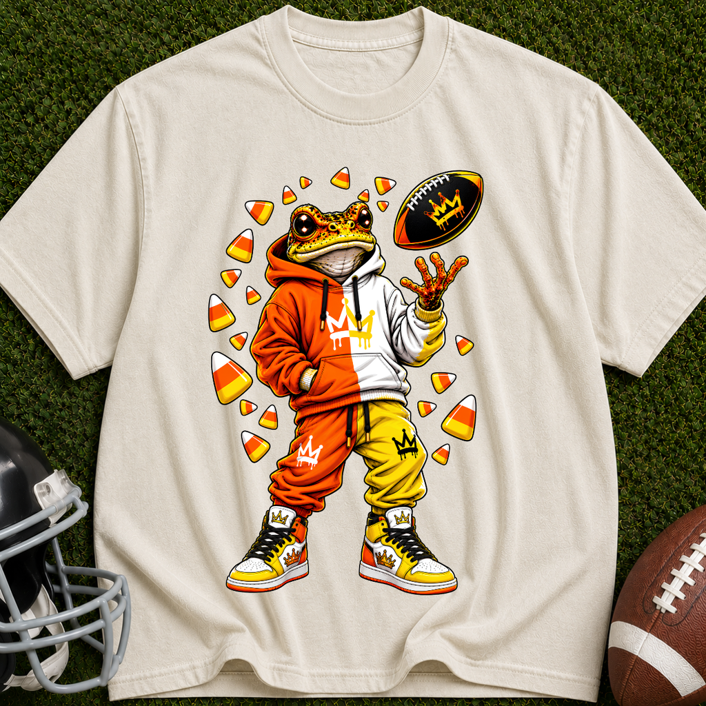 Frog Football Player Graphic T-Shirt — Candy Corn Tailgate Tee