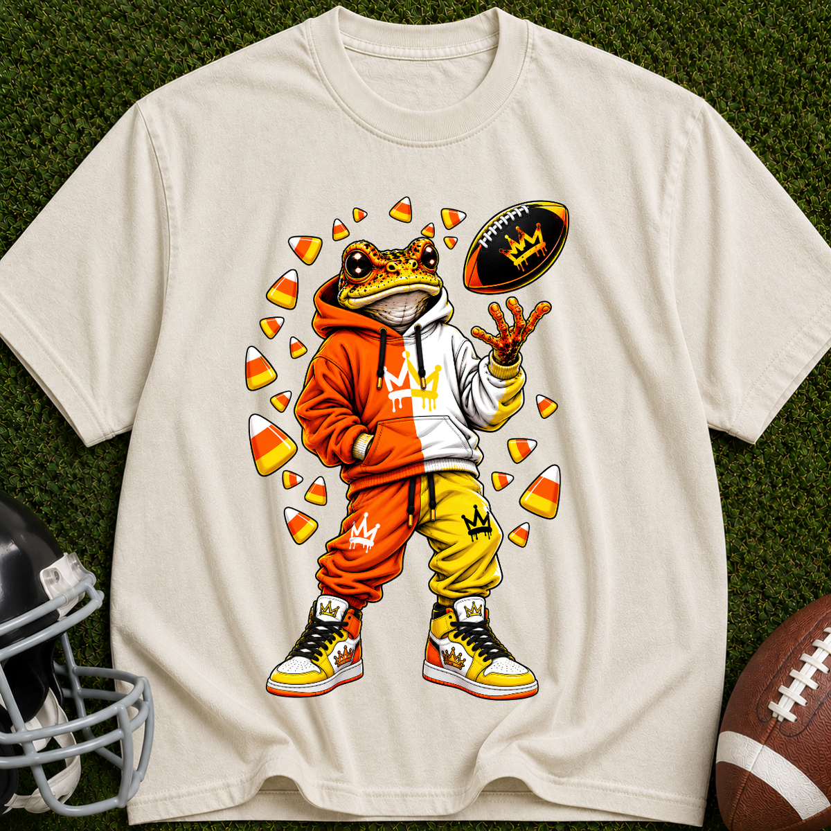 Frog Football Player Graphic T-Shirt — Candy Corn Tailgate Tee