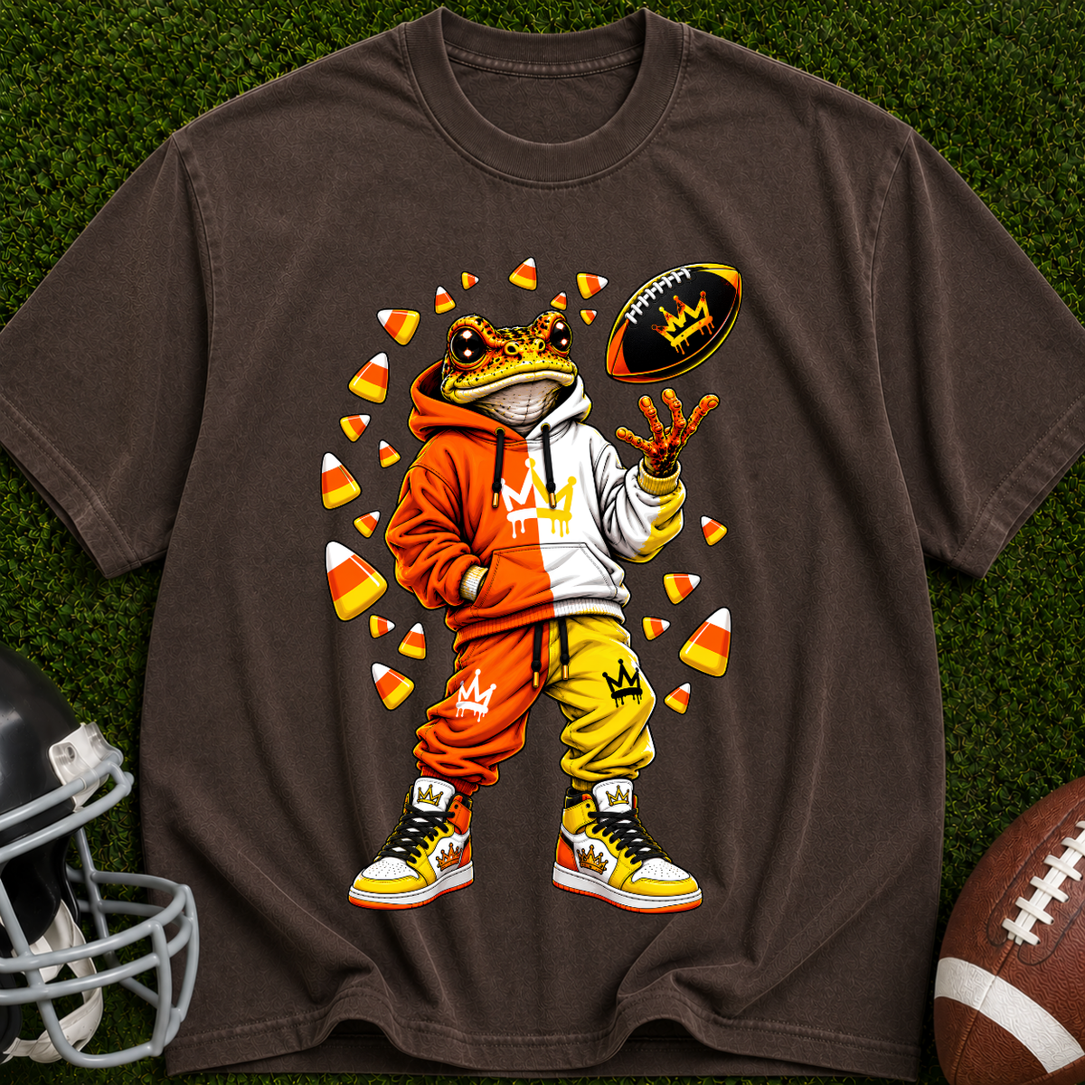 Frog Football Player Graphic T-Shirt — Candy Corn Tailgate Tee