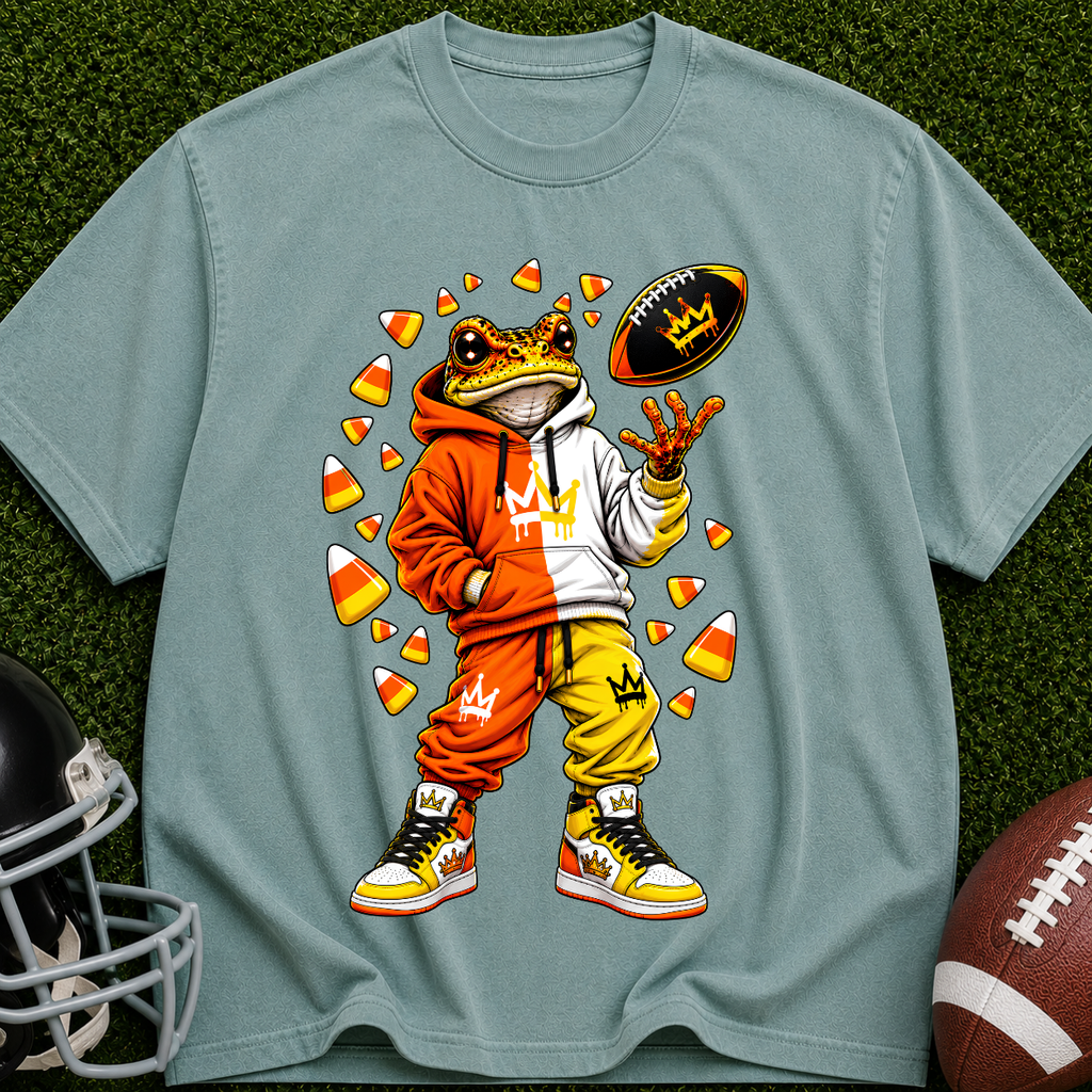 Frog Football Player Graphic T-Shirt — Candy Corn Tailgate Tee