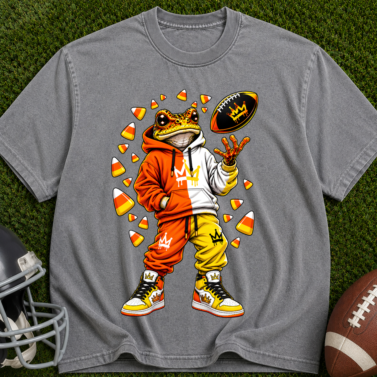 Frog Football Player Graphic T-Shirt — Candy Corn Tailgate Tee