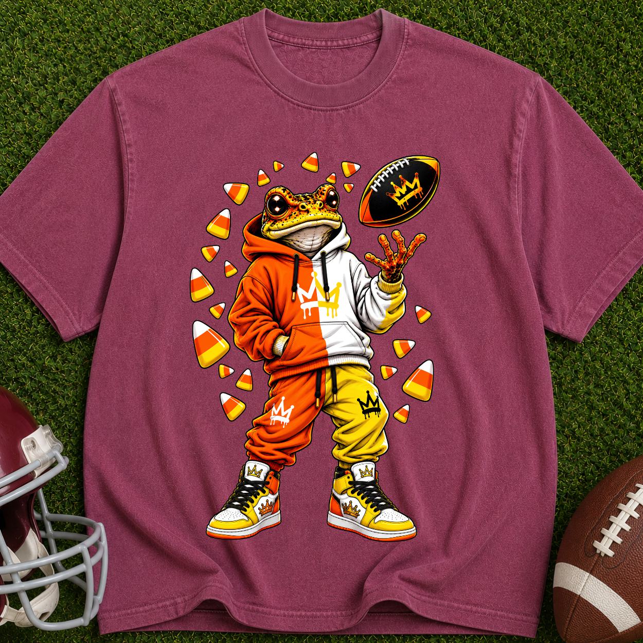 Frog Football Player Graphic T-Shirt — Candy Corn Tailgate Tee